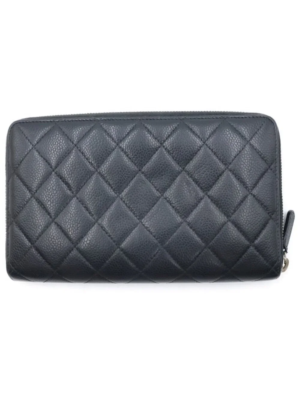 Chanel Quilted Round Zip Wallet Caviar Leather Silver Black